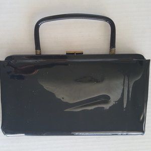 Vintage Shiny Black Patent Snap Clutch Handbag Purse Bakelite? Handle
